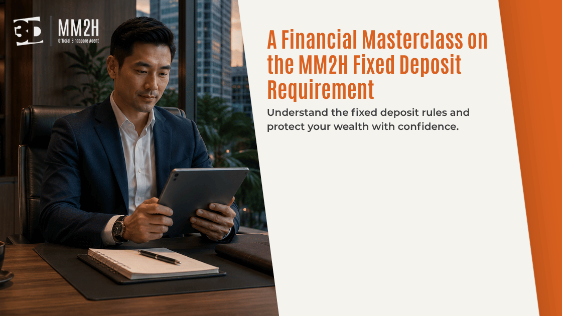 A financial expert analyzing the MM2H fixed deposit requirement rules on a digital wealth chart.
